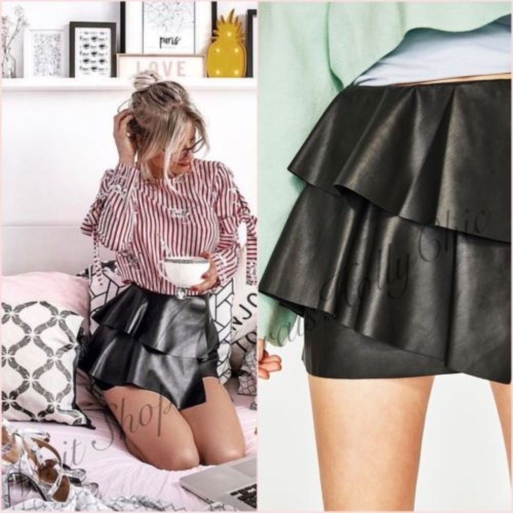 Zara NWT Leather Effect Mini Skirt With Frill